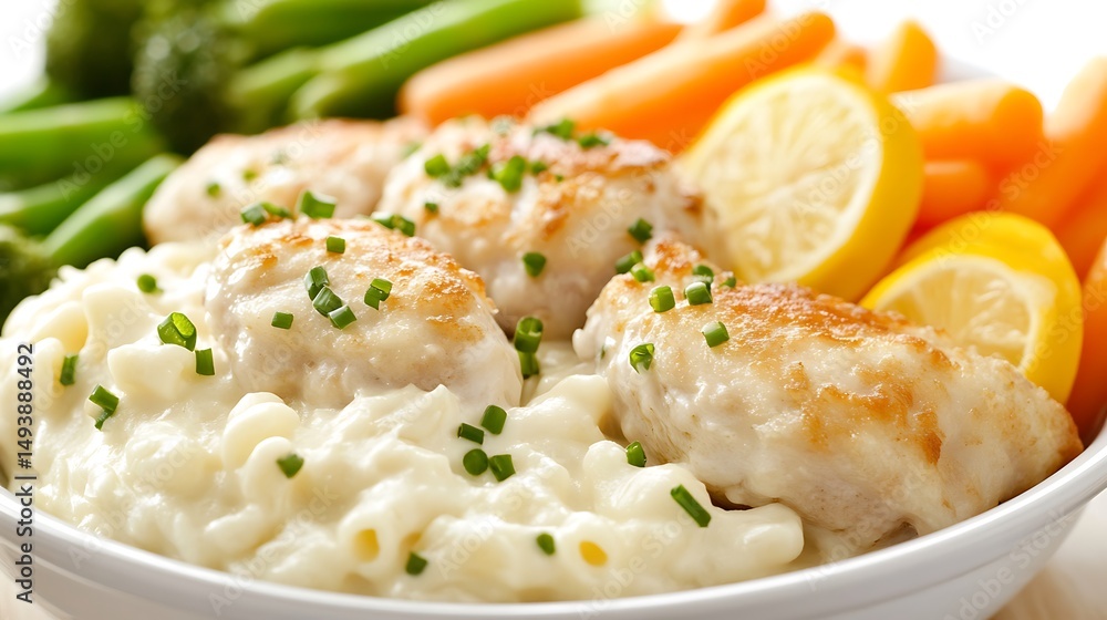 Creamy chicken pasta dish with lemon and vegetables Creamy chicken pasta dish with lemon and vegetables