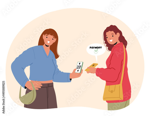 Two young women customers checking payment success scanning qr code using smartphone devices