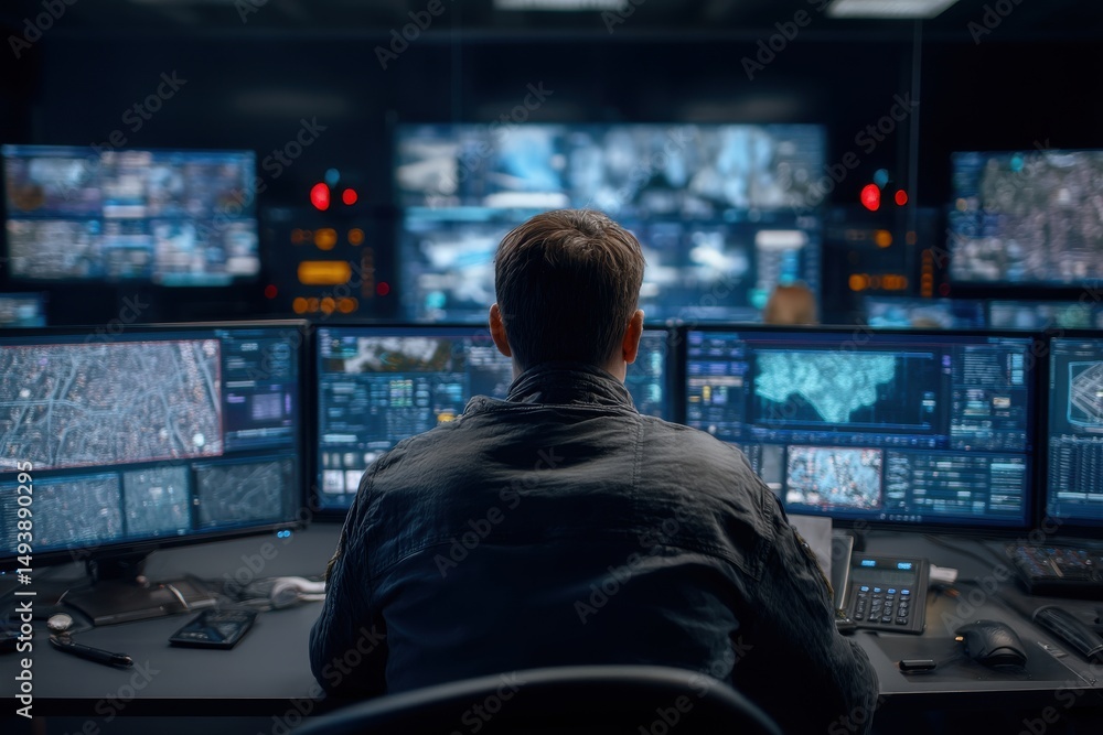 A cybersecurity expert monitoring networks in a control center A cybersecurity expert monitoring networks in a control center