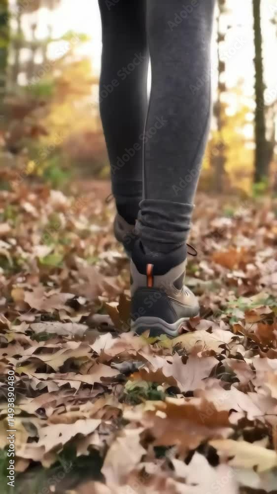 Closeup Persons Feet in Rugged Hiking Boots and Warm Leggings Walking through Forest Trail Blanketed in Fallen Autumn Leaves Closeup Persons Feet in Rugged Hiking Boots and Warm Leggings Walking through Forest Trail Blanketed in Fallen Autumn Leaves