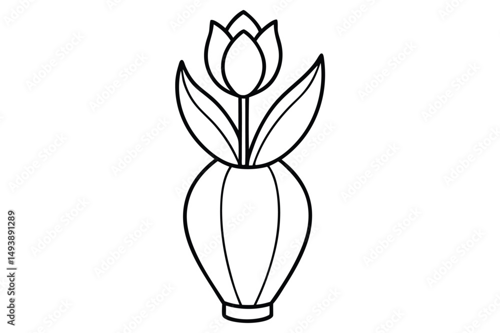 Elegant Tulip Flower with Leaves in an Ornate Vase Outline Drawing Elegant Tulip Flower with Leaves in an Ornate Vase Outline Drawing