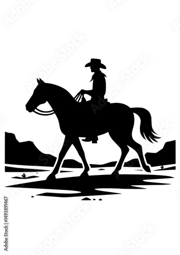 a black silhouette vector icon of a cowboy riding a horse in the desert