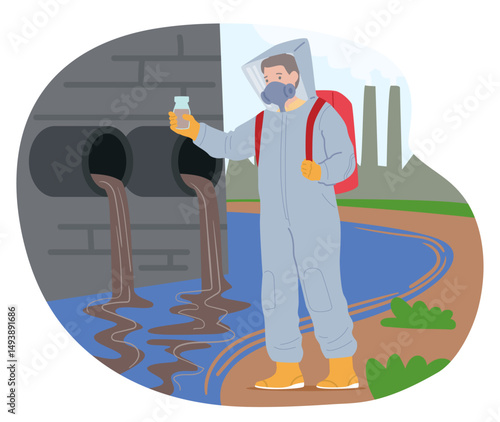 Scientist in protective overall and helmet mask collecting water samples to make pollution research