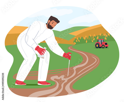 Man ecology scientist characters collecting water samples working at farmland cartoon scene