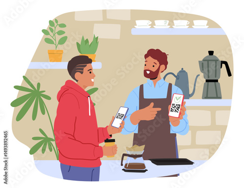 Teenage guy paying for coffee drink at cafe using qr code scanner mobile application cartoon scene