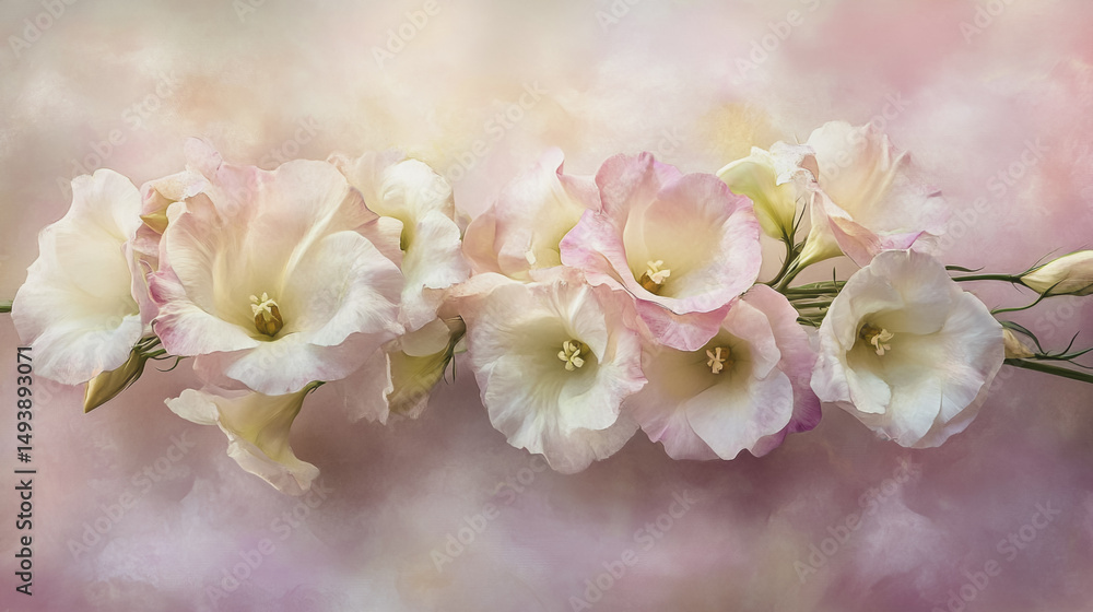 Fototapeta premium Elegant wedding invitation card background vector. Minimal hand painted Lisianthus botanical flowers texture template background. Design for wedding, vip cover, poster, rsvp moderncard.Valentine's Day