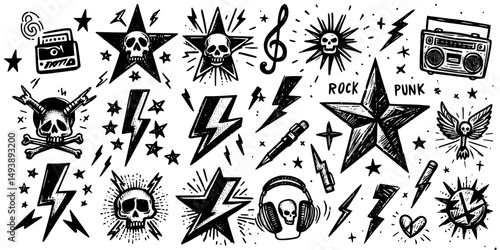 Bold Illustrations of Punk and Rock Culture, Illustrations capturing the edgy essence of rock and punk, including cassette tapes, microphones, and stars