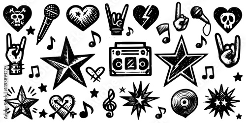 Edgy Black and White Rock Art, Black and white graphic art showcasing iconic elements of rock and punk culture, perfect for music lovers
