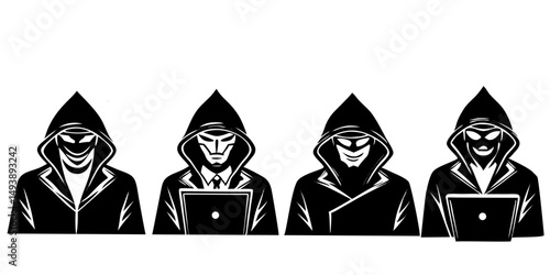 Cyber Security Threats, illustration of four individuals in hooded attire, emphasizing the anonymity and secrecy of cyber criminals