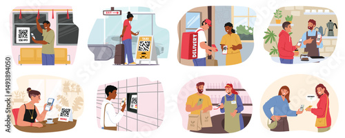 People scan qr code by smartphone for payment, purchases, ordering taxi isolated cartoon scene