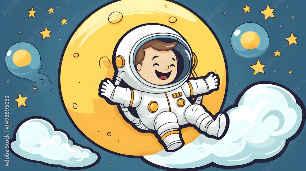 Cheerful Astronaut Exploring Lunar Surface with Rocket in Outer Space Illustration Cheerful Astronaut Exploring Lunar Surface with Rocket in Outer Space Illustration