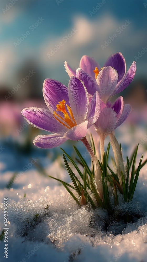 Fototapeta premium Beautiful Blooming Crocuses Emerge From Melting Snow in Springtime Landscape