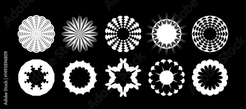 Radial circle lines. Symbol of Sun star rays.  Abstract geometric shapes. Set badges. Vector icon collections. 