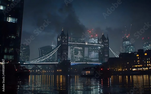Foggy London night cityscape