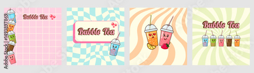 Set of groovy Bubble Tea cups with different emotions and colorful tapioca pearls and fun retro backgrounds. Perfect for summer branding, social media posts, packaging, kids design, flyers and posters
