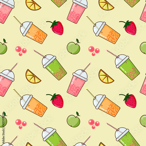 Seamless Pattern with Bubble Tea cups with different emotions and colorful tapioca pearls and fruits on a warm background.Perfect for kids, menu design, packaging or social media content.Vector image.