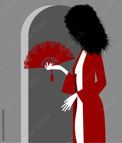 Standing young girl with black curly hair in unbuttoned red robe put on naked body with open fan in hand on gray background. Vector illustration in flat cartoon style