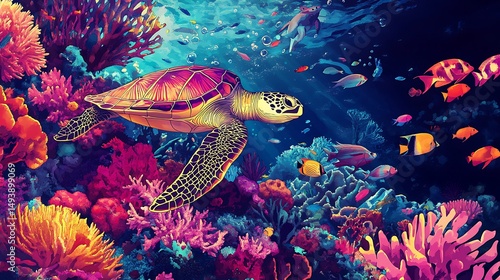 Vibrant underwater scene with a sea turtle and coral reef.