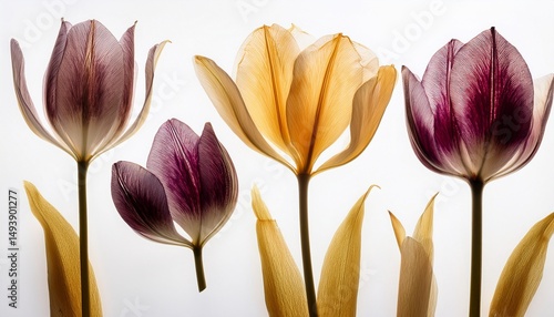 pressed and dried tulips flower on a white background for use in scrapbooking
