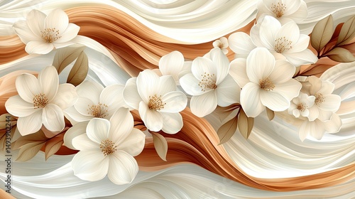 Floral swirl pattern.  Delicate white flowers on flowing tan background
