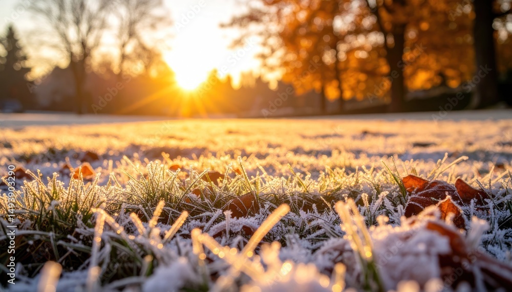 Sunset behind snowy meadow with frosty grasses and orange sky Sunset behind snowy meadow with frosty grasses and orange sky