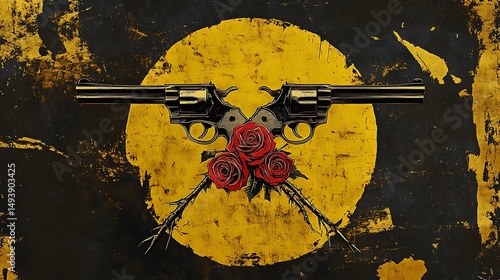 Two revolvers crossed over roses, on a distressed background.