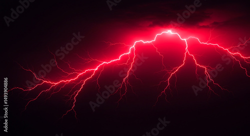 A dramatic display of red lightning illuminating a dark sky with intense electrical discharges and energy
