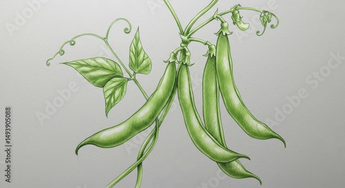 Botanical Illustration of Runner Bean Pods with Vine and Leaves Detail