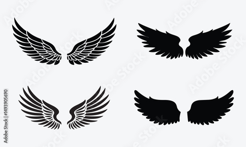 Set of Angel, Bird, and Feathered Designs in Silhouette Vector Style on White Background