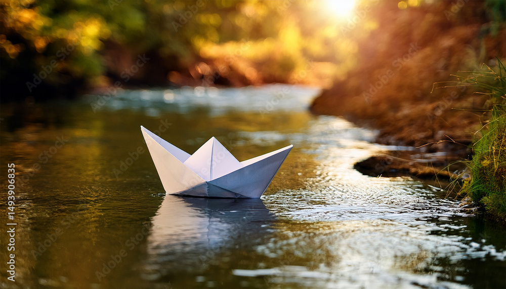 Fototapeta premium a paper boat is floating in a river