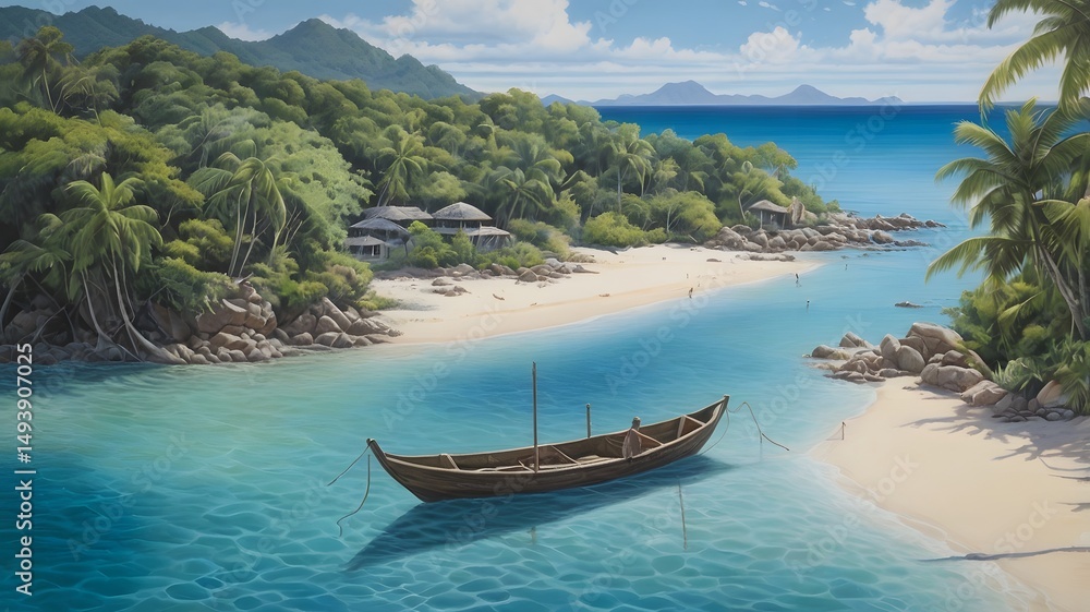 Turquoise water gently laps the sandy beach where a boat rests, under a clear sky near a tropical island paradise Turquoise water gently laps the sandy beach where a boat rests, under a clear sky near a tropical island paradise