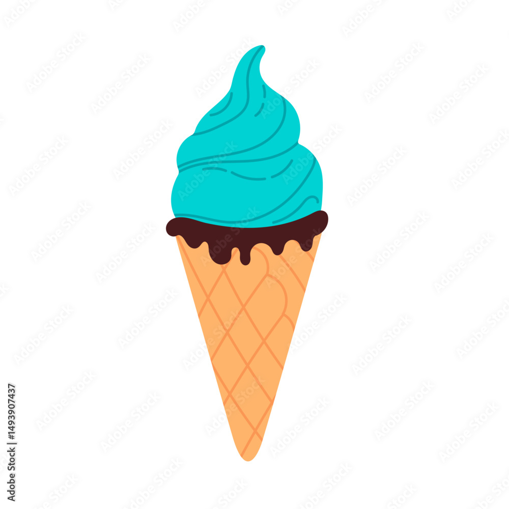 Blue ice cream cone with chocolate glaze and swirl top on white background, ideal for summer, dessert, and sweet food designs Blue ice cream cone with chocolate glaze and swirl top on white background, ideal for summer, dessert, and sweet food designs