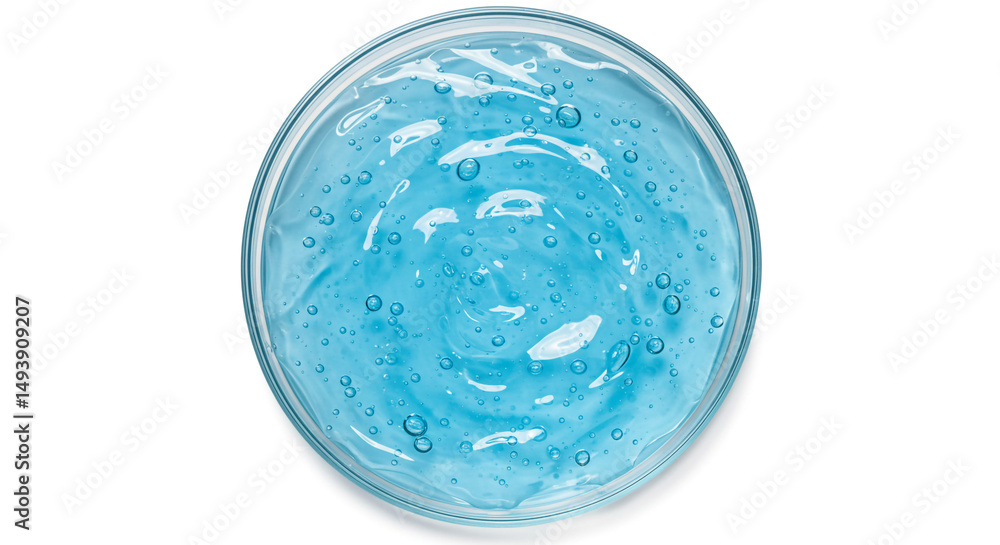 A top view of a petri dish filled with a light blue gel substance containing numerous small bubbles inside A top view of a petri dish filled with a light blue gel substance containing numerous small bubbles inside