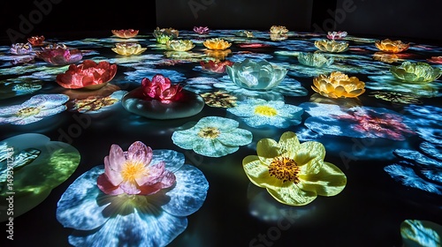Aurora patterns projected on floating flower islands