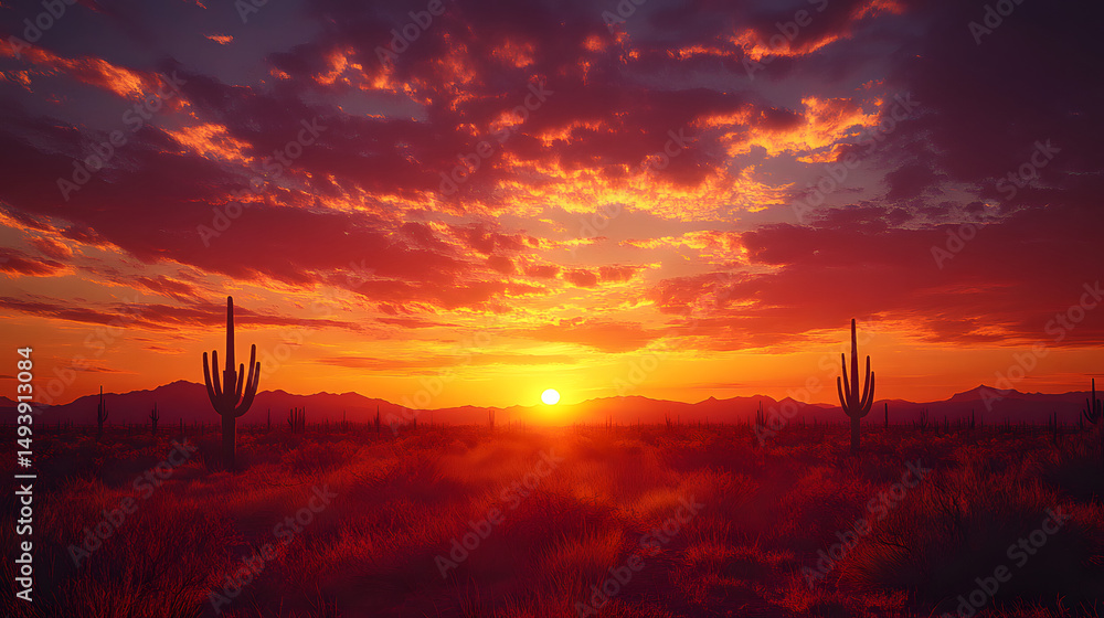 Obraz premium Desert Landscape Illustration, Minimalist desert scene with cacti and sun.