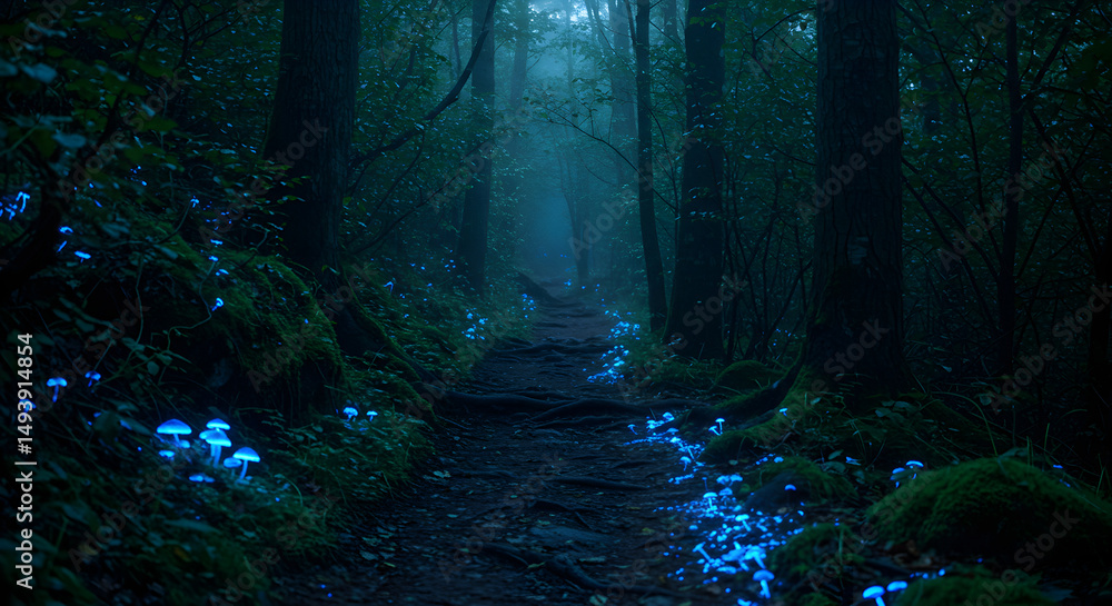 Fototapeta premium Mystical Path Through Forest With Glowing Mushrooms In Low Light