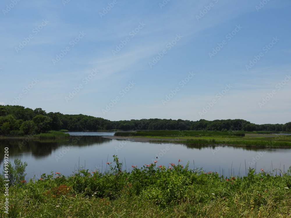Beautiful scenery of the wetlands within the Bombay Hook National Wildlife Refuge, Kent County, Delaware. Early summer season. Beautiful scenery of the wetlands within the Bombay Hook National Wildlife Refuge, Kent County, Delaware. Early summer season.
