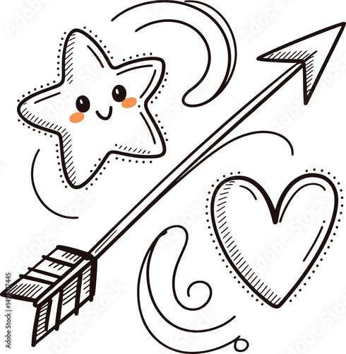 Cute hand drawn arrow piercing star and heart