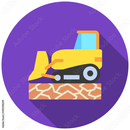 Bulldozer mini illustration rounded flat color icon, use for civil engineering, industry, construction, UI, UX kit, app and web development, digital or print.