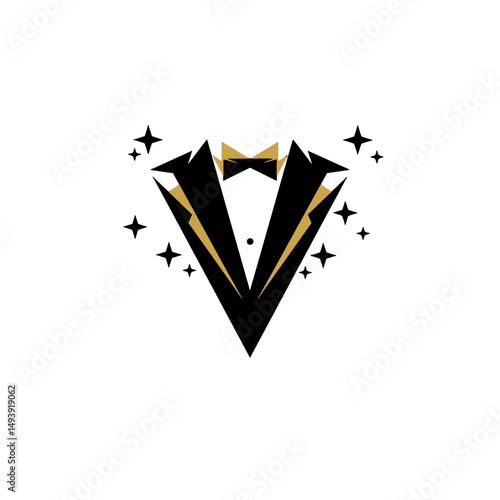 Elegant Tuxedo Logo with Golden Accents and Stars