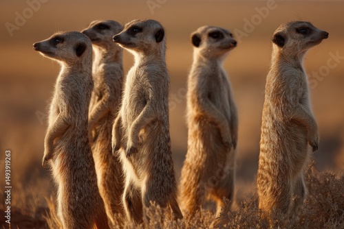 A meerkat group on sentry duty in the desert