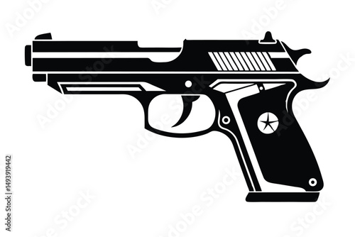 Sleek Black SemiAutomatic Handgun Illustration with Star Emblem for Graphic Designs