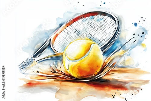 Dynamic tennis splash: vibrant watercolor illustration of racket and ball