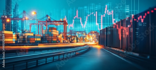 Futuristic blue background with virtual screen showing import tariffs, economic charts, and rising trade growth indicators

