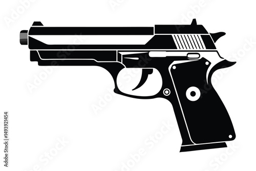 Detailed Silhouette of a Black SemiAutomatic Handgun with Intricate Markings and Details