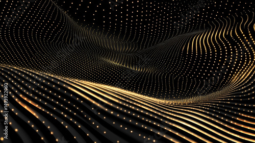 Abstract gold and black wave pattern with glowing dots