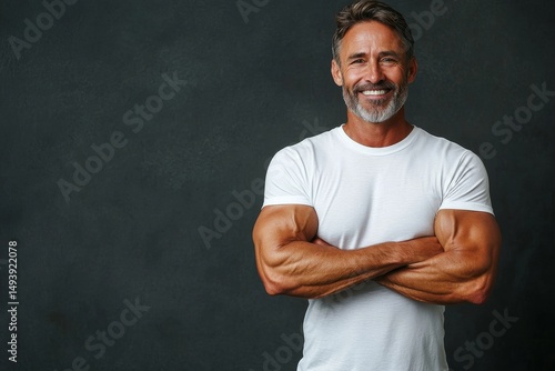 Happy fit sporty older man coach, middle aged sportsman athlete or personal trainer wearing white t-shirt showing muscles standing isolated on gray background advertising gym membership