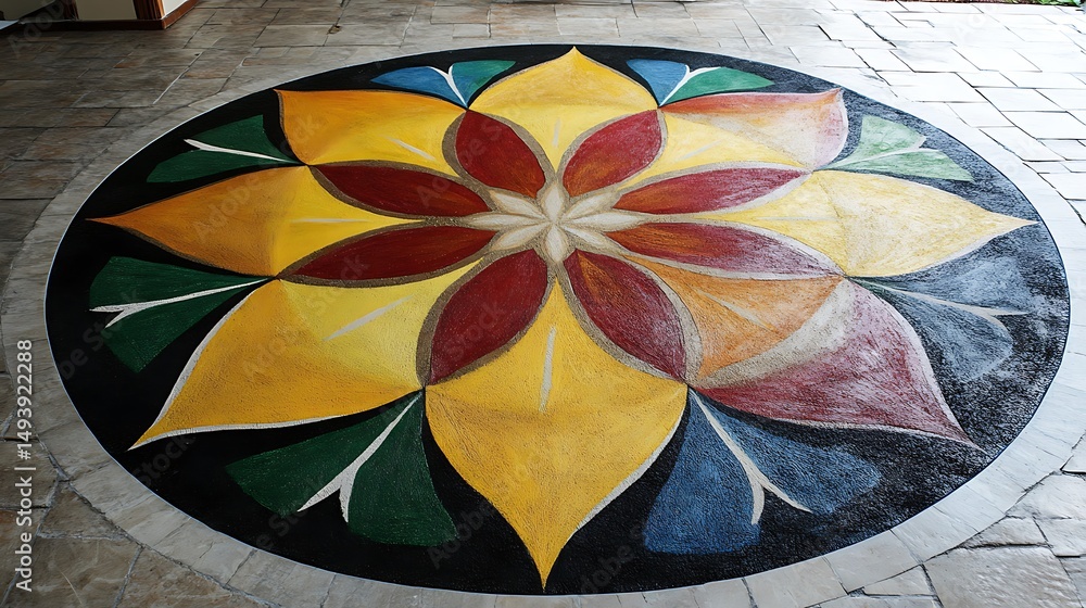 Fototapeta premium Colorful floral design painted on a paved surface.