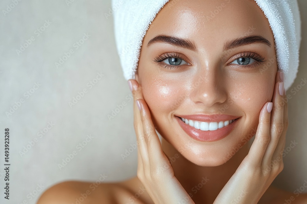 Skincare, cosmetic and facial health treatment. Happy latin lady touching face and smiling, beige studio background Skincare, cosmetic and facial health treatment. Happy latin lady touching face and smiling, beige studio background