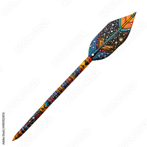 A Painted Arrow with Aboriginal Star Constellations Isolated on Transparent Background
